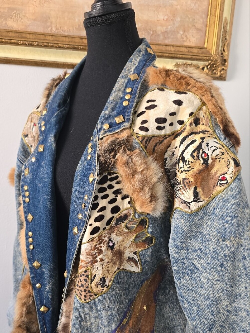 Vintage Charlie Casuals 1980s Denim Safari Animal Painted Fur Coat - L